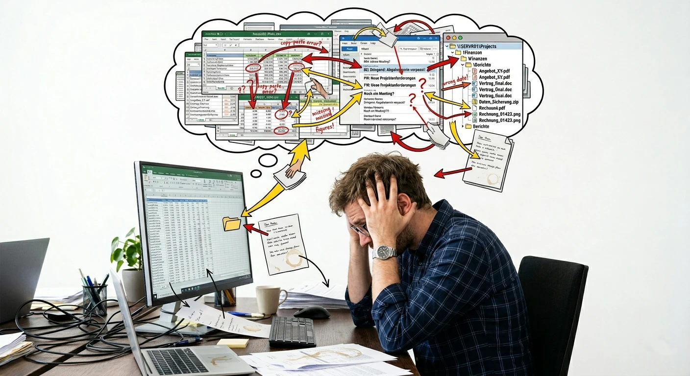 überforderte Mitarbeiter aufgrund vieler manuelle Prozesse mit Excel, Outlook und Dateiablage
