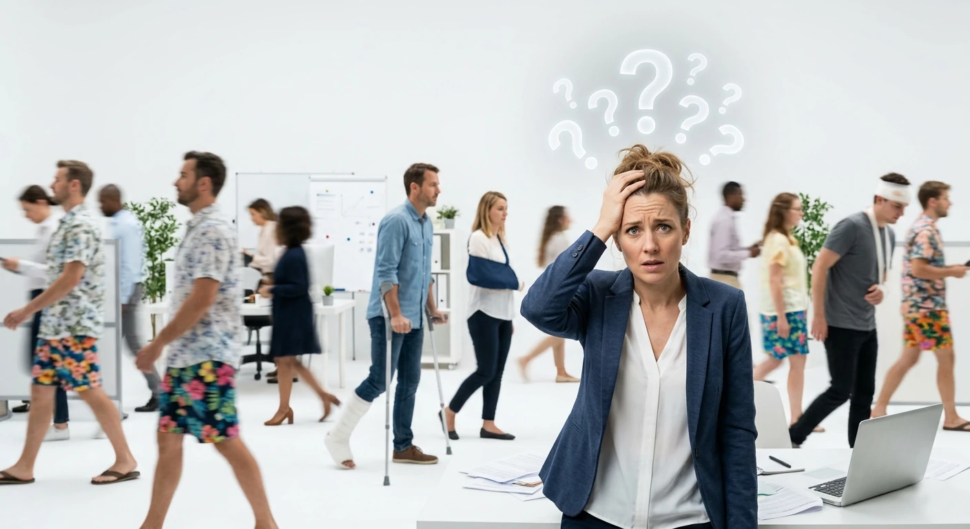 gestresste Mitarbeiterin, da Kollegen krank oder im Urlaub sind